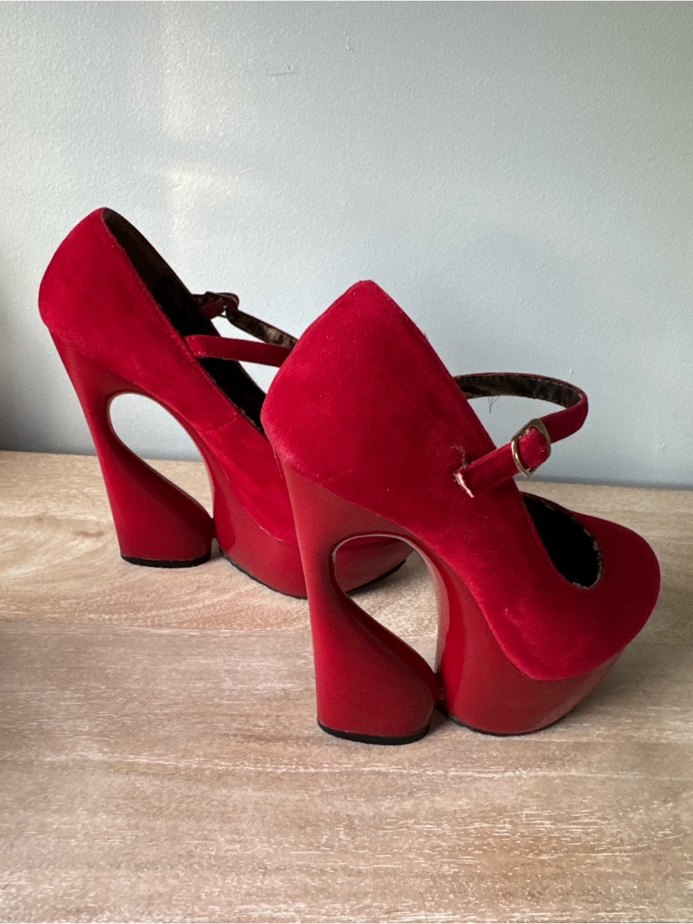 City Snappers Red Velvet Cutout Platform Statement Heels